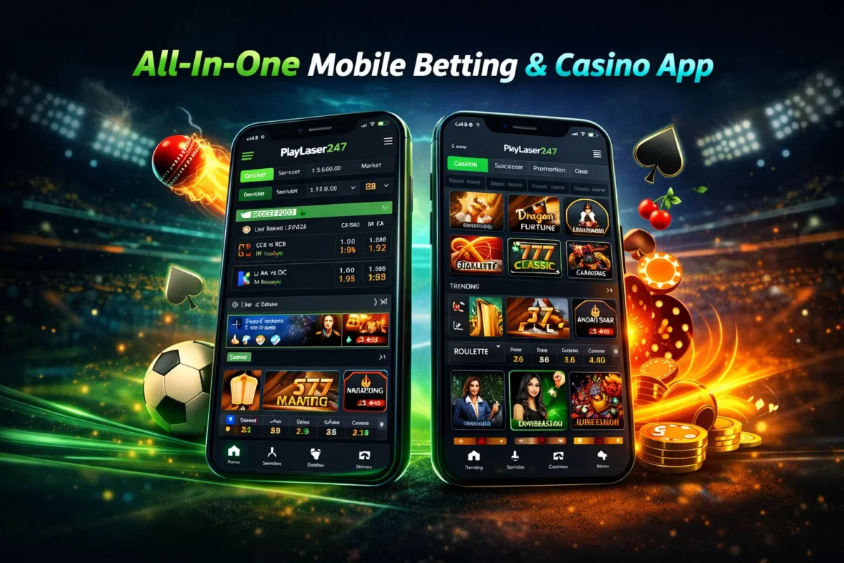 MyLaser247 App mobile dashboard showing sports betting and casino interface