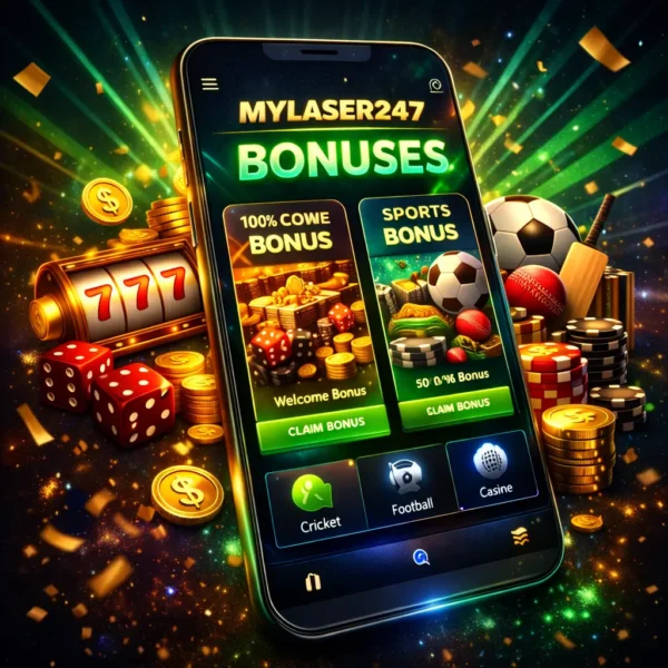 MyLaser247 Bonus dashboard preview showing betting rewards and casino offers with MyLaser247 ID