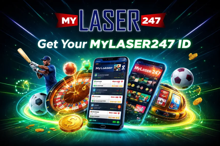 MyLaser247 ID online betting platform hero banner showing sports betting and live casino dashboard