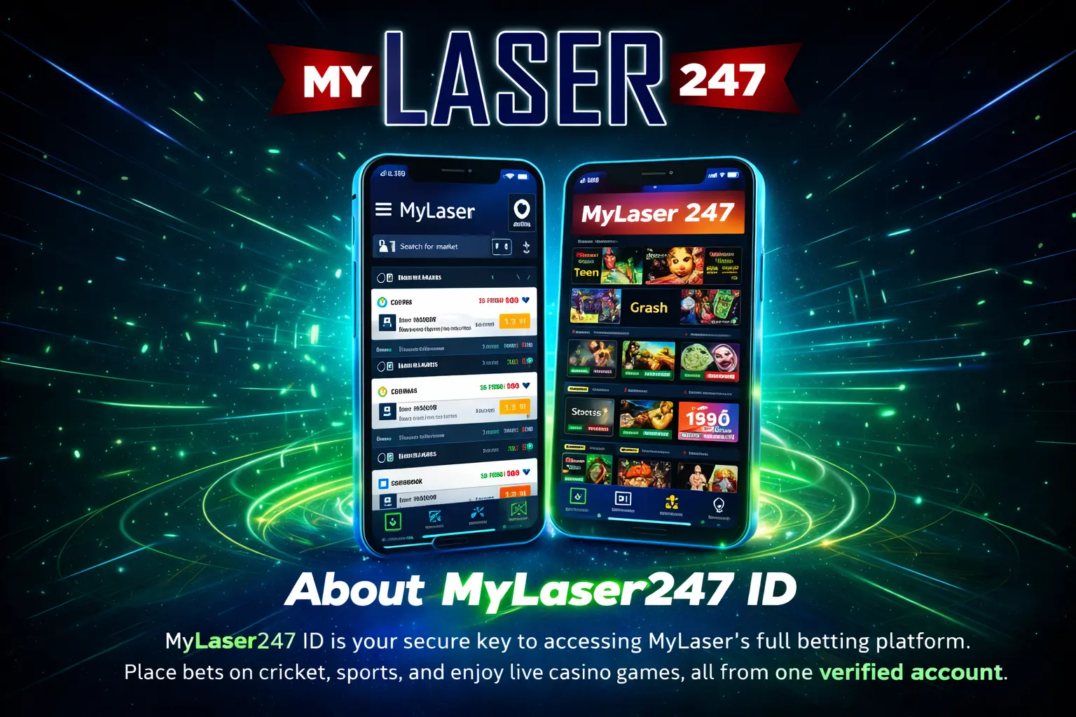MyLaser247 ID dashboard preview showing mobile betting interface and casino games platform
