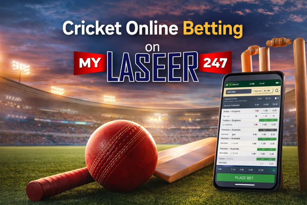 Cricket online betting on MyLaser247 platform with live odds and cricket stadium background