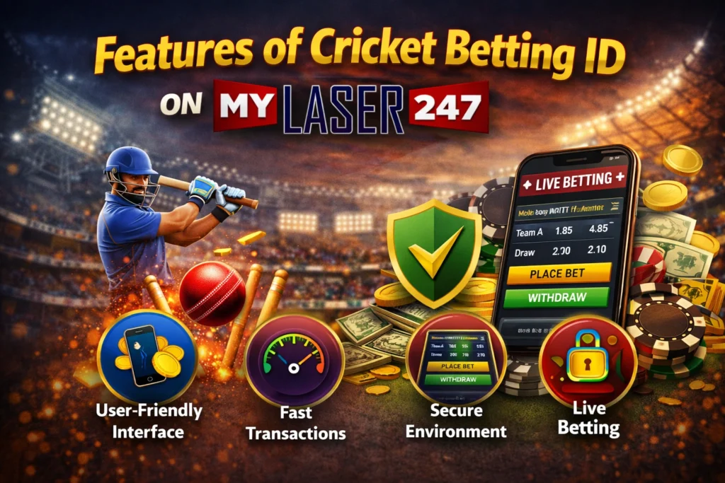 Features of Cricket Betting ID on MyLaser247 including live betting secure platform fast transactions and user friendly interface