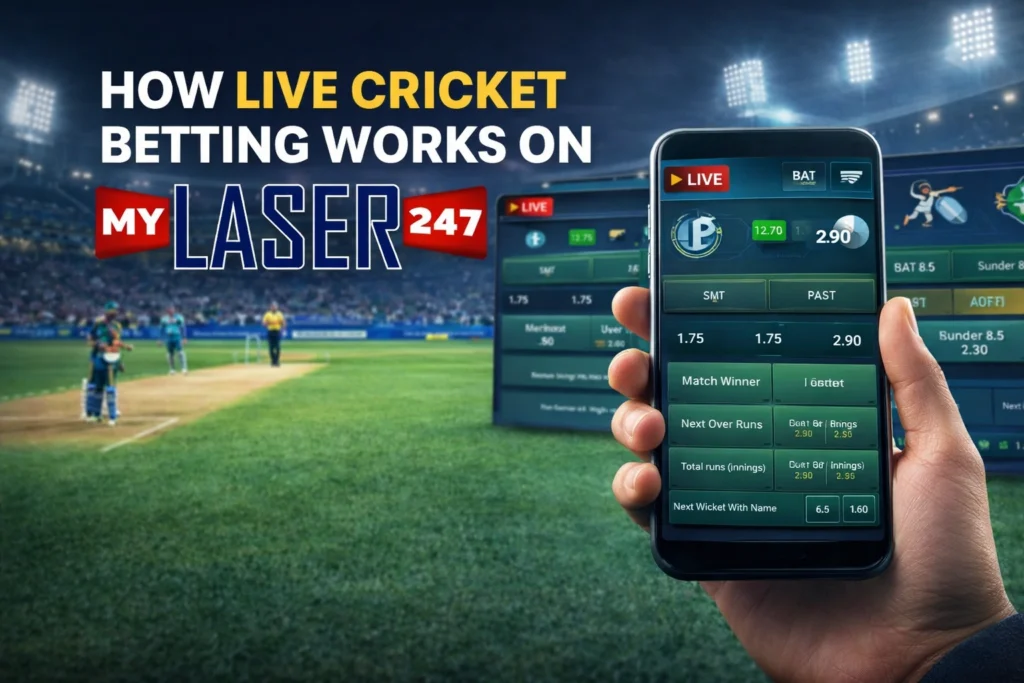 How live cricket betting works on MyLaser247 platform showing smartphone betting interface with real time cricket odds in stadium background