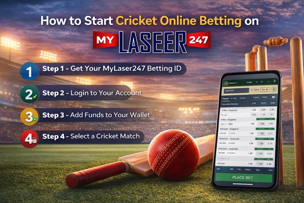 How to start cricket online betting on MyLaser247 step by step guide including betting ID login deposit funds and place bet