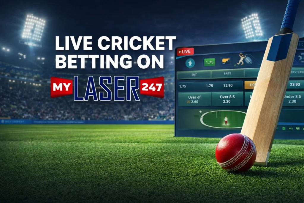 Live cricket betting on MyLaser247 platform with cricket bat, ball and stadium background showing real time betting dashboard