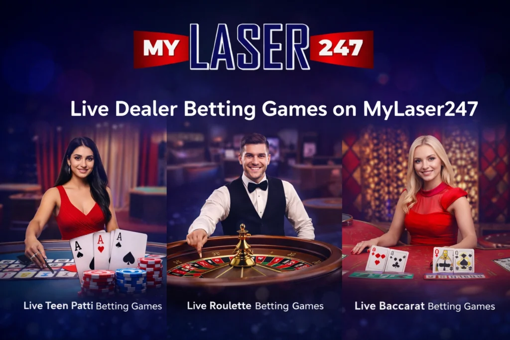 Live dealer betting games on MyLaser247 including live Teen Patti, live roulette and live baccarat