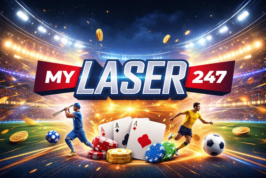 Mylaser247 24/7 Betting hero banner with sports betting, casino games, and live betting features