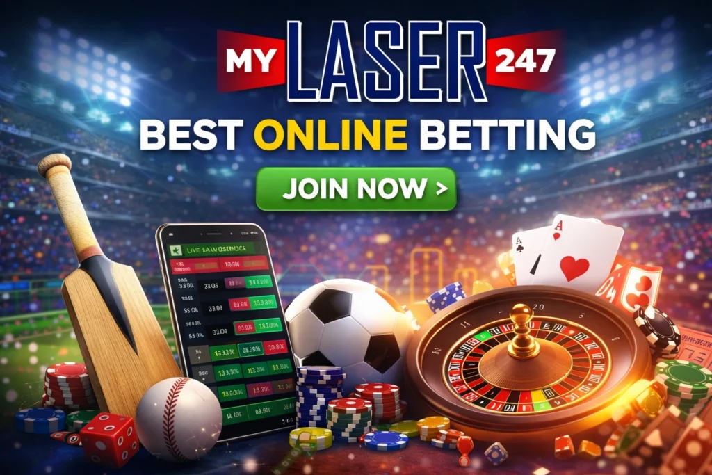 MyLaser247 best online betting platform hero banner with sports betting, casino games and live betting interface