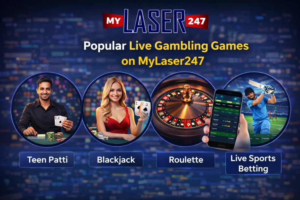 Popular live gambling games on MyLaser247 including Teen Patti Blackjack Roulette and live sports betting
