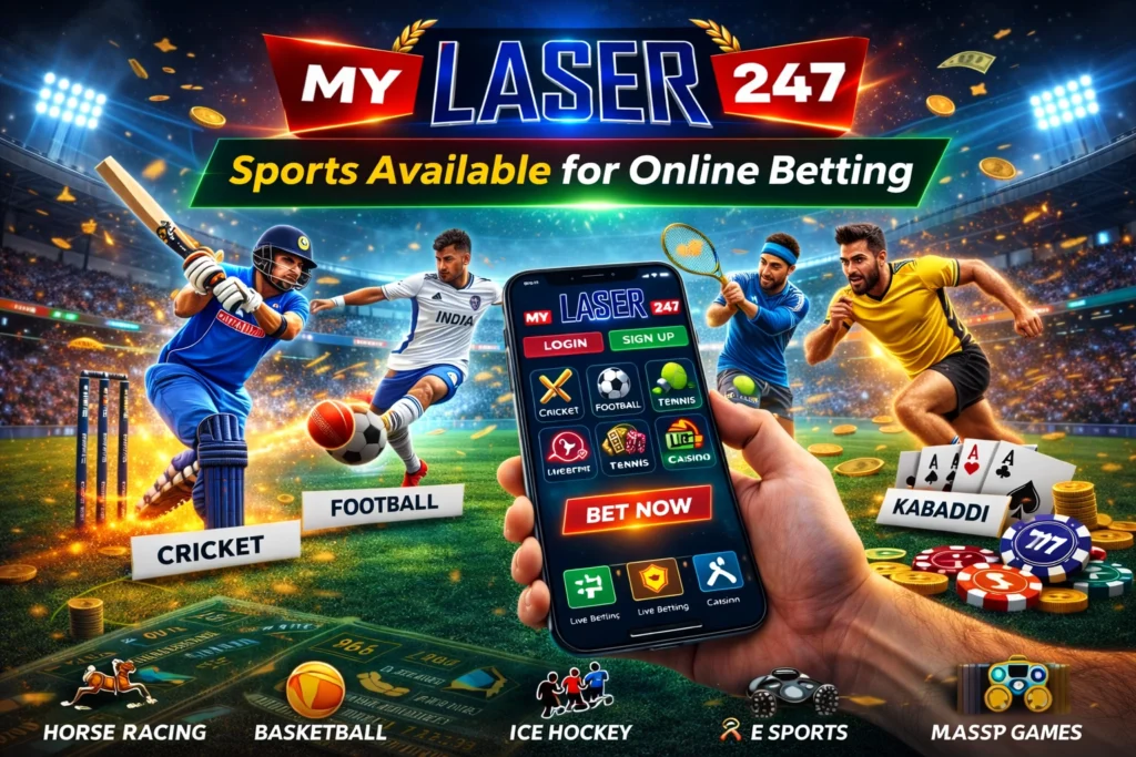 Sports available for online betting on MyLaser247 including cricket, football, tennis, and kabaddi