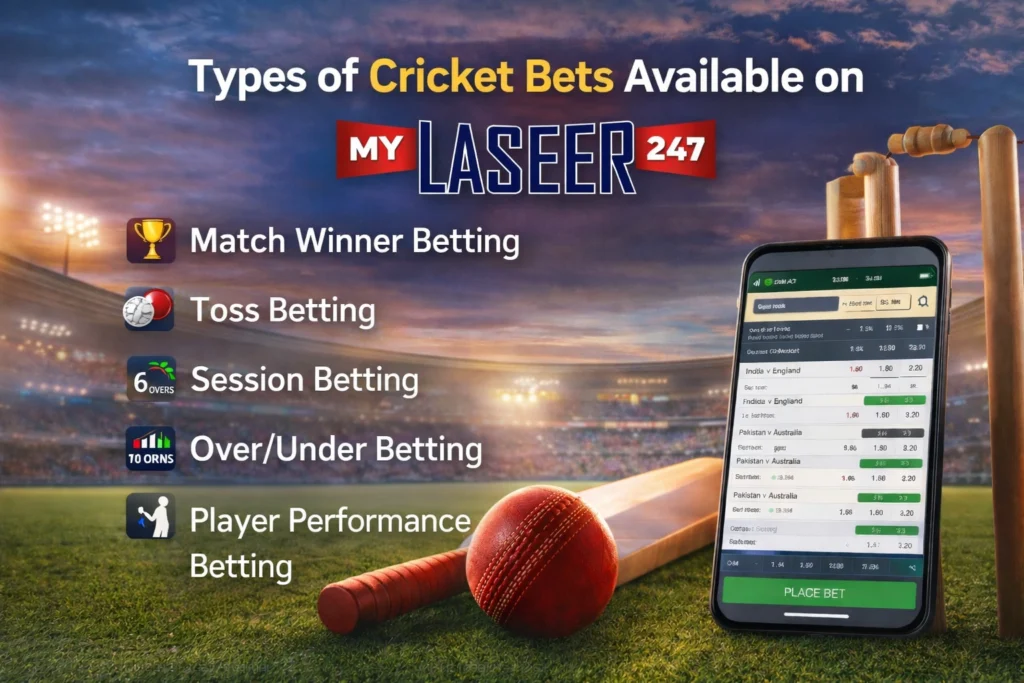 Types of cricket bets available on MyLaser247 including match winner session betting toss betting and player performance bets