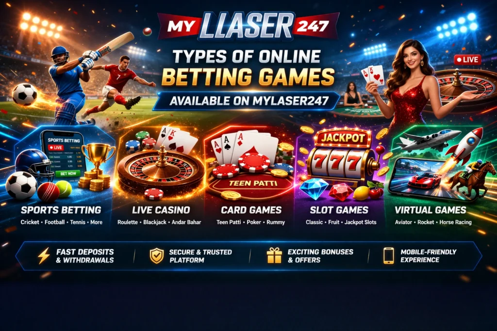 Types of online betting games available on Mylaser247 including sports betting, live casino, slots and card games